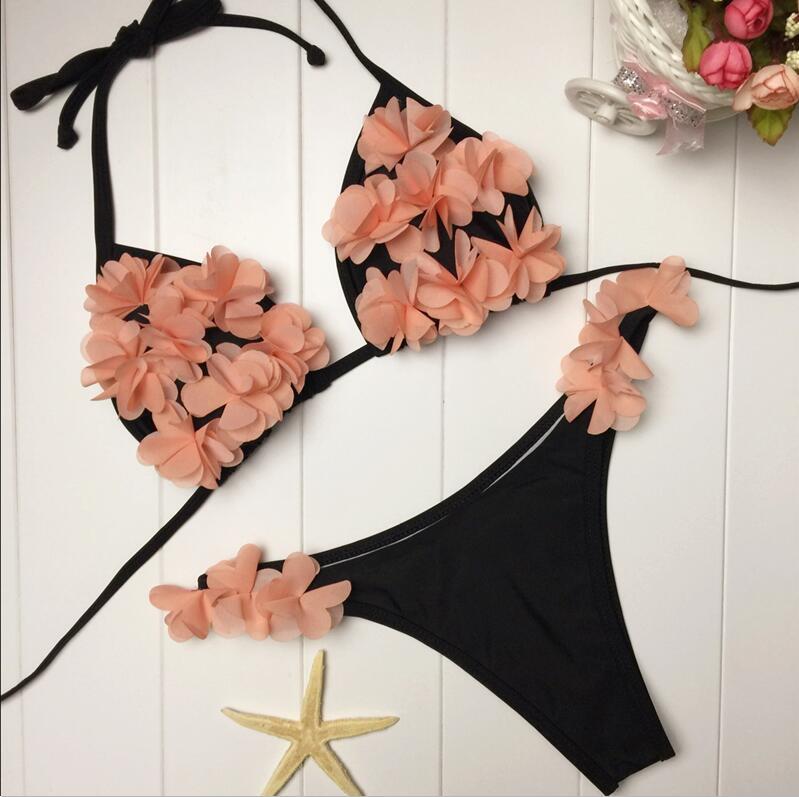F4691 Women Bikini Set Floral Petals Halter Bandage Push Up Skimpy Swimwear